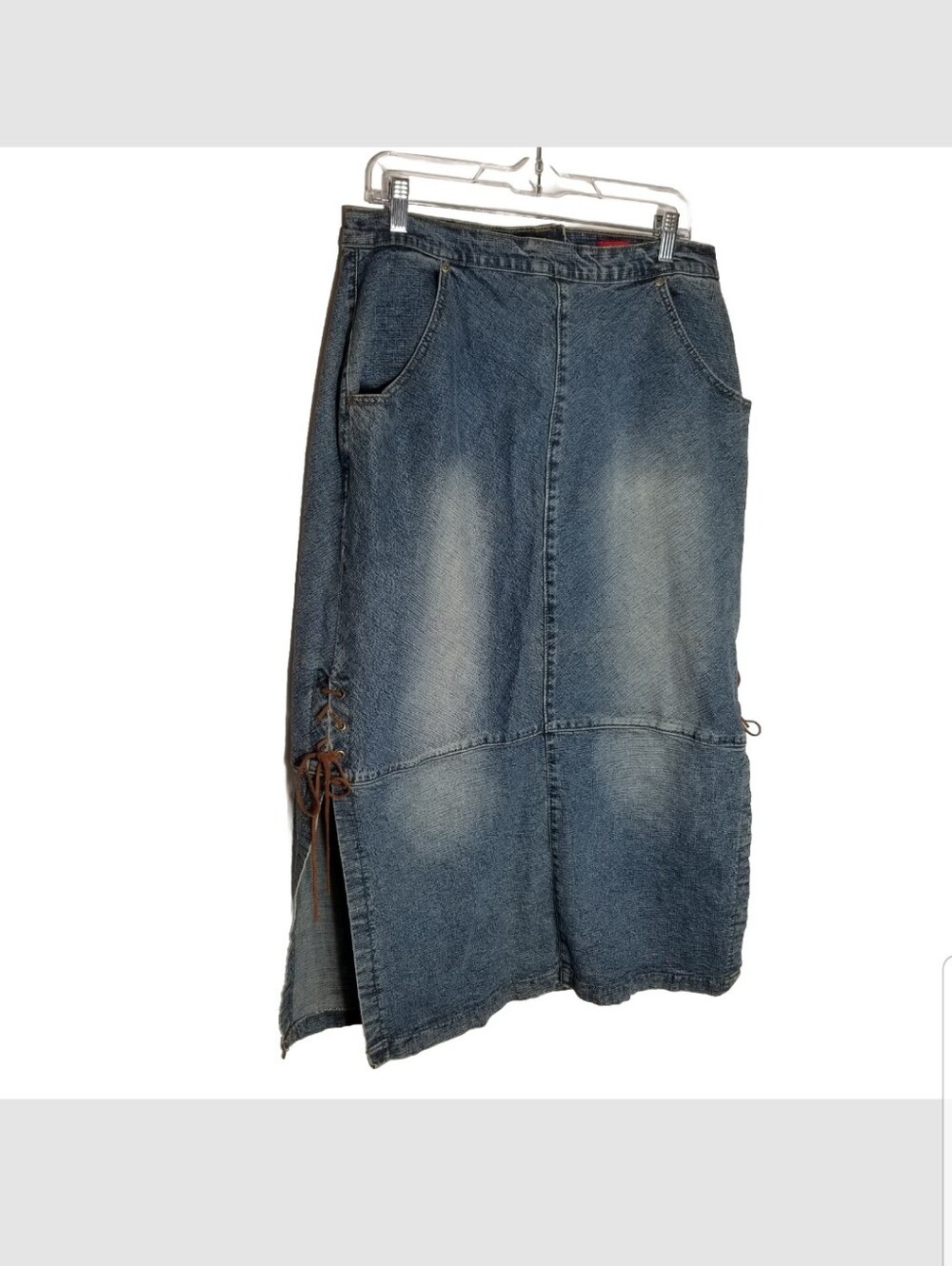 London Blue By VIGOSS Jean Skirt Women's 1X Blue Denim Stretch Lace Up Slits